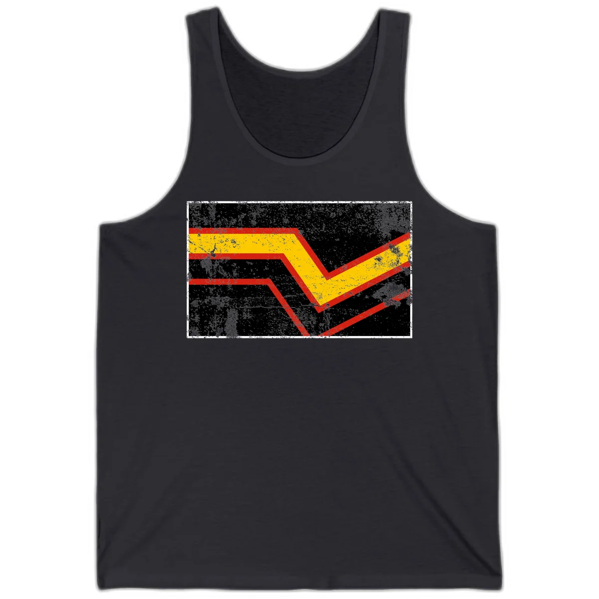 Bold geometric chevron checkmark with red and yellow stripes on distressed black background in Dark Grey