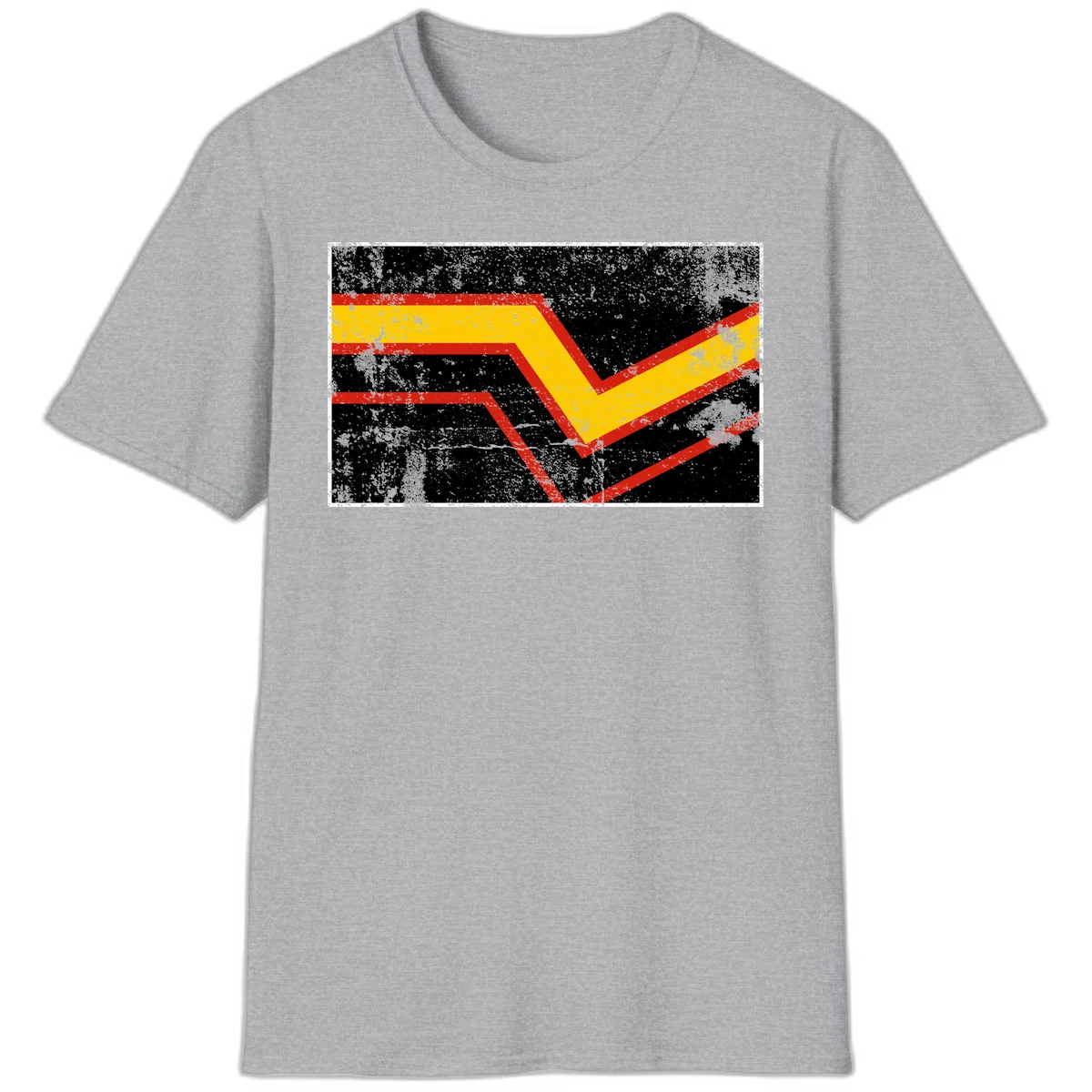 Bold geometric chevron checkmark with red and yellow stripes on distressed black background in Sport Grey