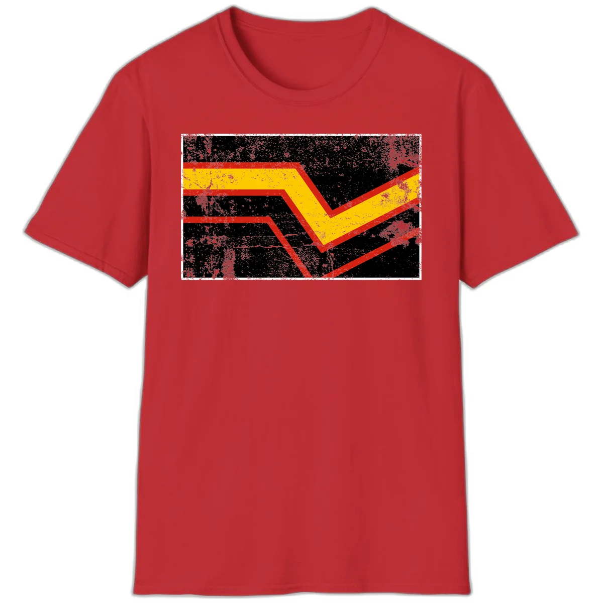 Bold geometric chevron checkmark with red and yellow stripes on distressed black background in Red