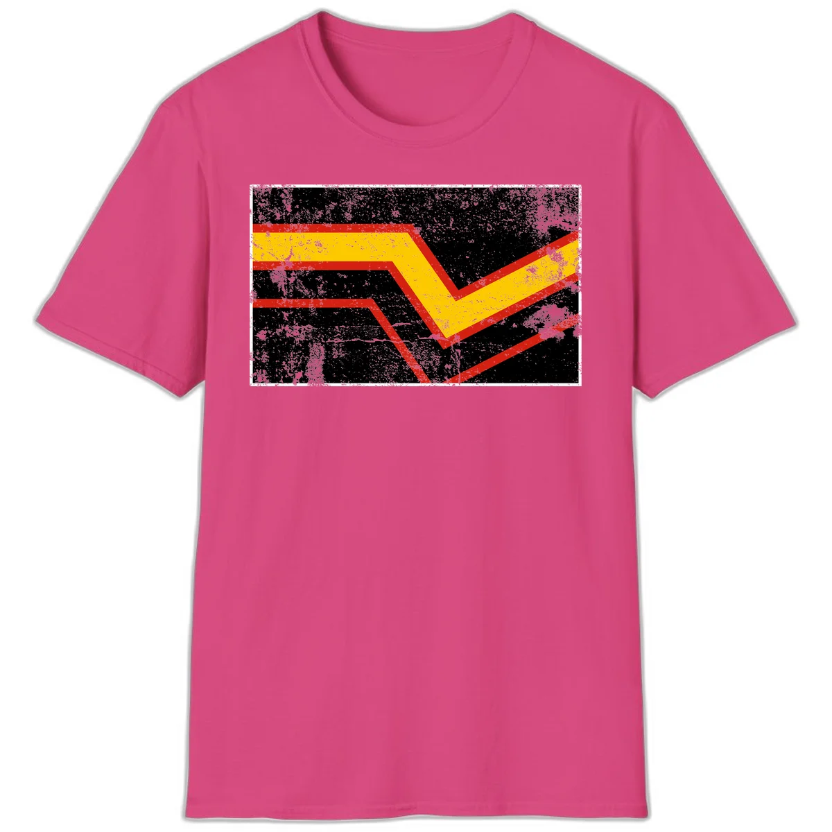 Bold geometric chevron checkmark with red and yellow stripes on distressed black background in Heliconia