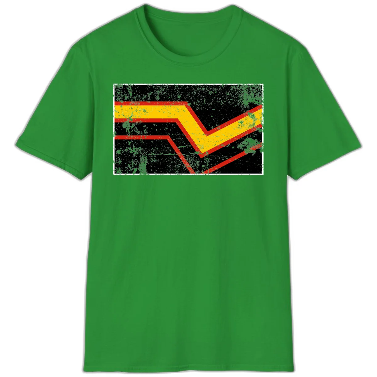 Bold geometric chevron checkmark with red and yellow stripes on distressed black background in Irish Green