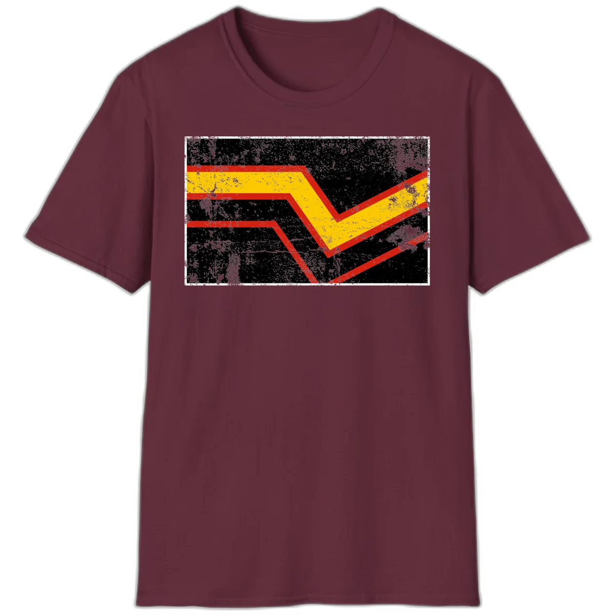 Bold geometric chevron checkmark with red and yellow stripes on distressed black background in Maroon