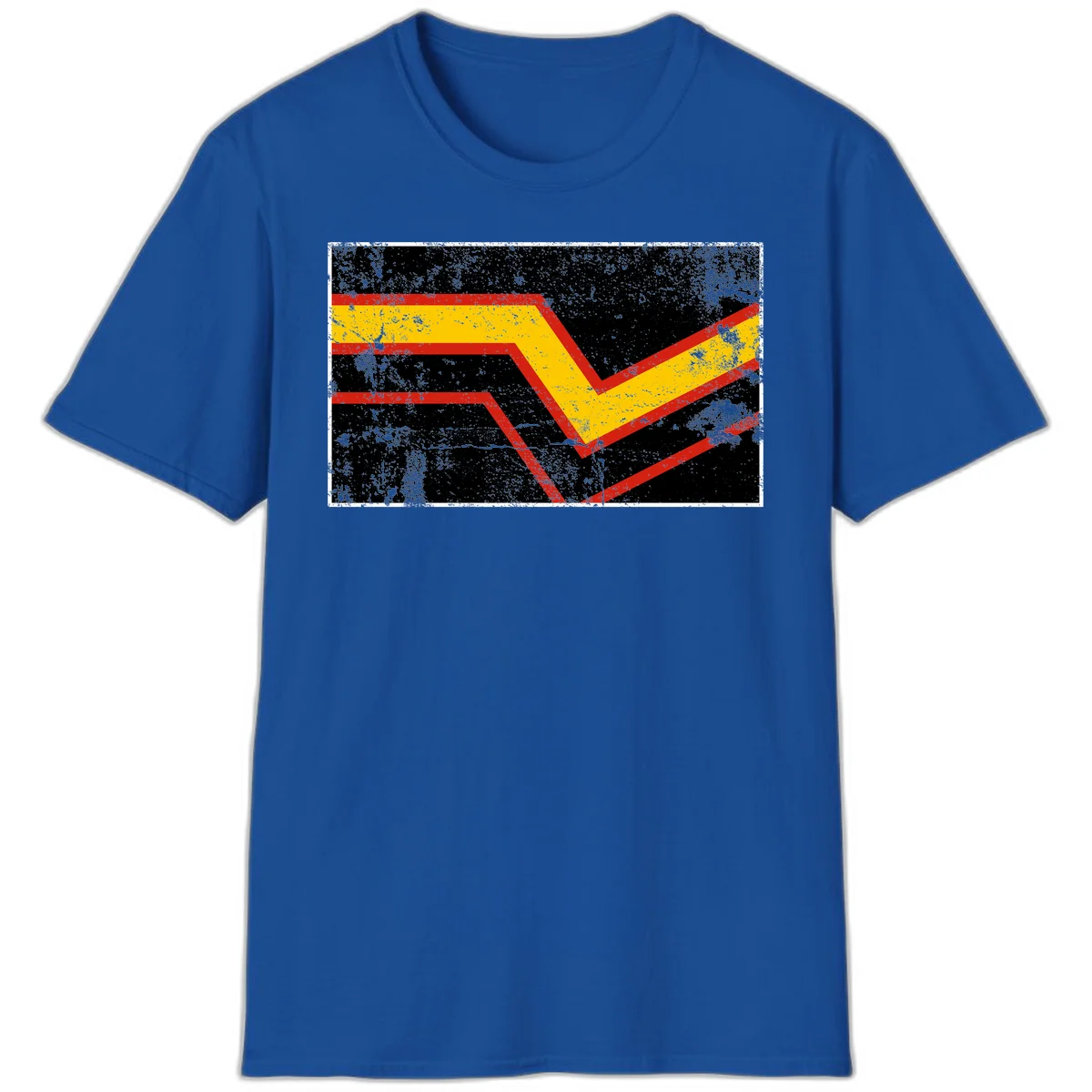 Bold geometric chevron checkmark with red and yellow stripes on distressed black background in Royal