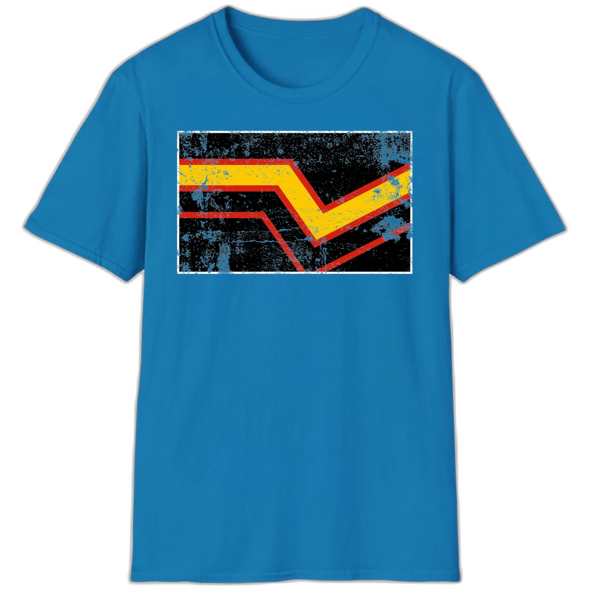 Bold geometric chevron checkmark with red and yellow stripes on distressed black background in Sapphire