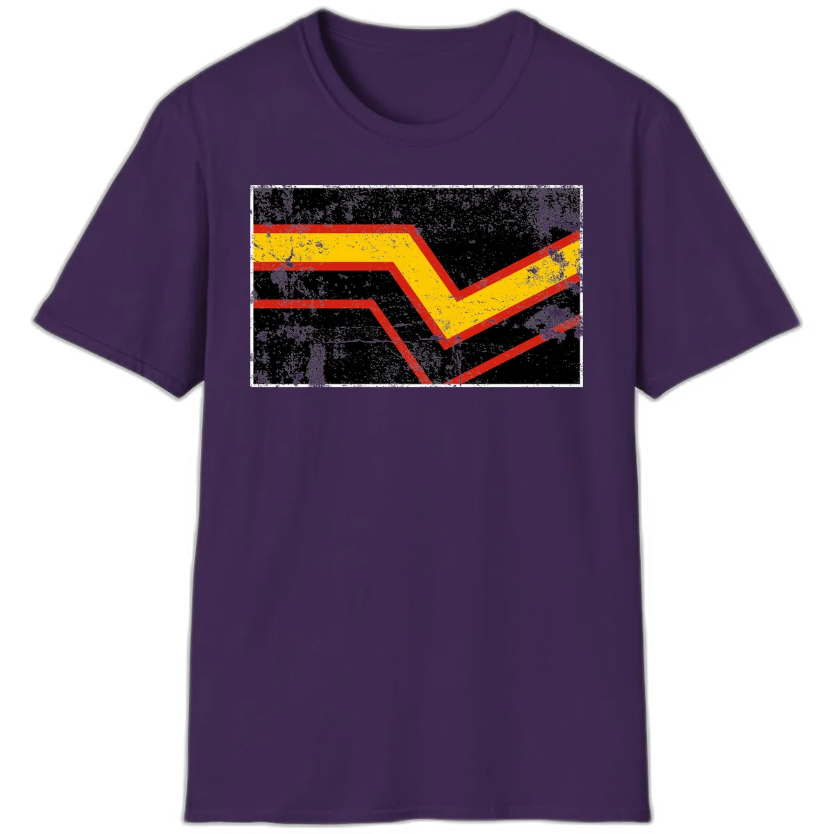 Bold geometric chevron checkmark with red and yellow stripes on distressed black background in Purple