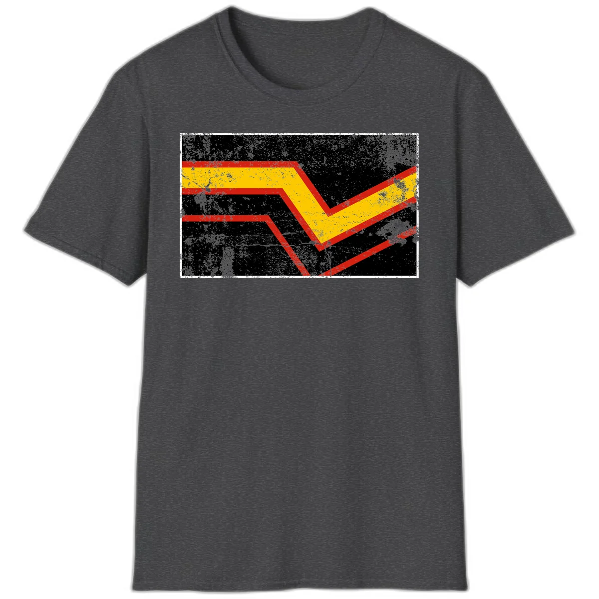 Bold geometric chevron checkmark with red and yellow stripes on distressed black background in Dark Heather