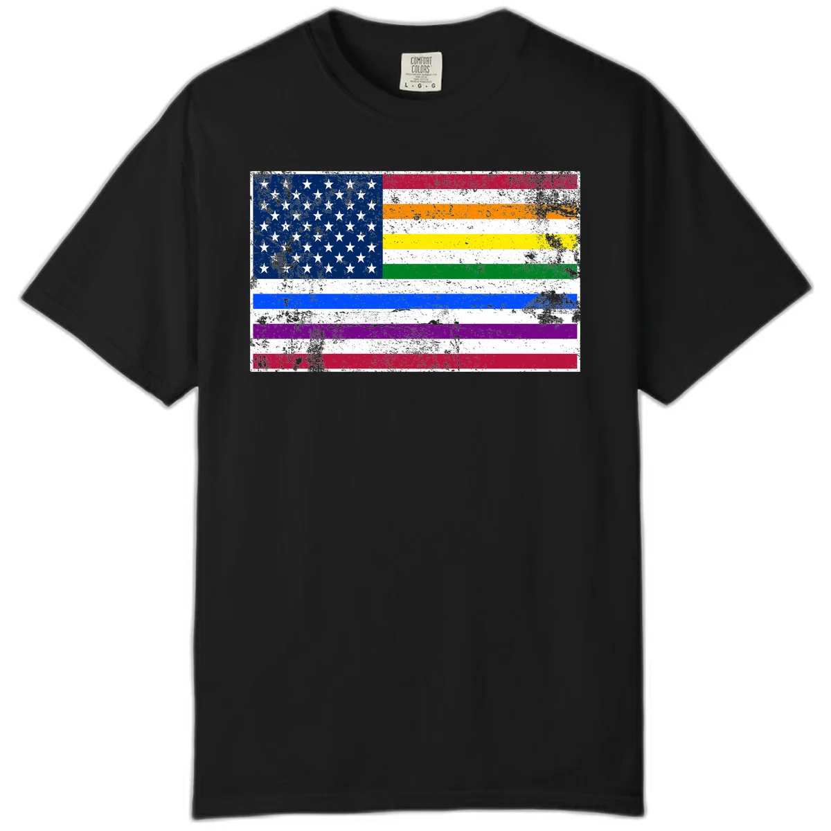 Distressed progress pride American flag design featuring traditional stars and stripes combined with rainbow pride colors representing LGBTQ+ inclusion and patriotism in Black