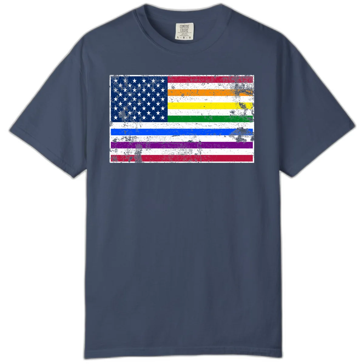 Distressed progress pride American flag design featuring traditional stars and stripes combined with rainbow pride colors representing LGBTQ+ inclusion and patriotism in Midnight