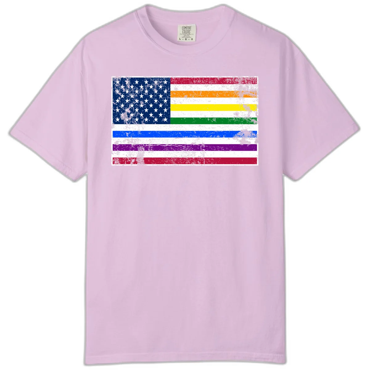 Distressed progress pride American flag design featuring traditional stars and stripes combined with rainbow pride colors representing LGBTQ+ inclusion and patriotism in Orchid