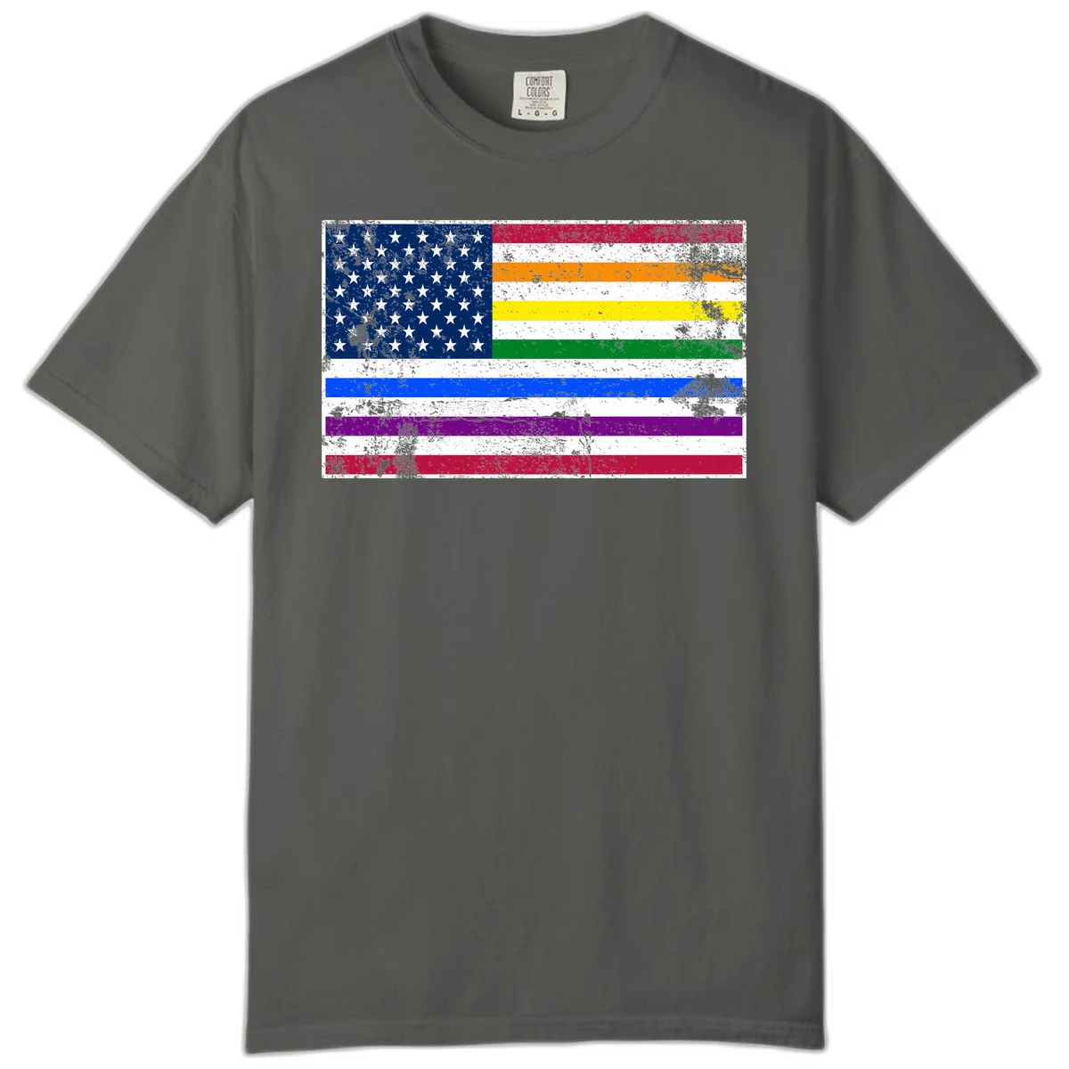 Distressed progress pride American flag design featuring traditional stars and stripes combined with rainbow pride colors representing LGBTQ+ inclusion and patriotism in Pepper