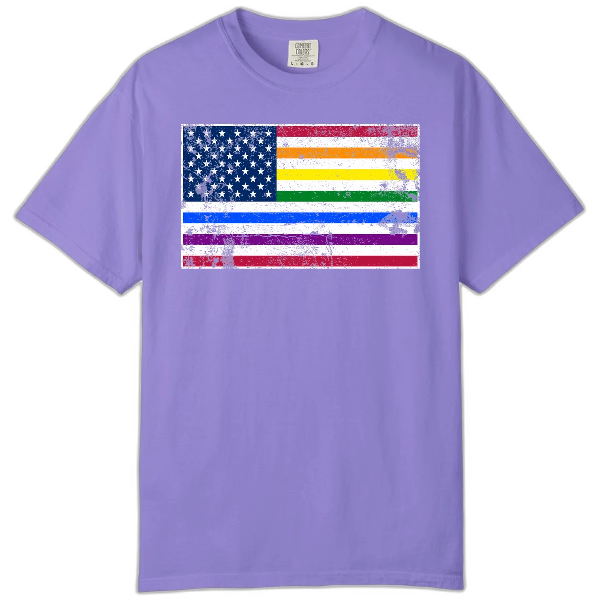 Distressed progress pride American flag design featuring traditional stars and stripes combined with rainbow pride colors representing LGBTQ+ inclusion and patriotism in Violet