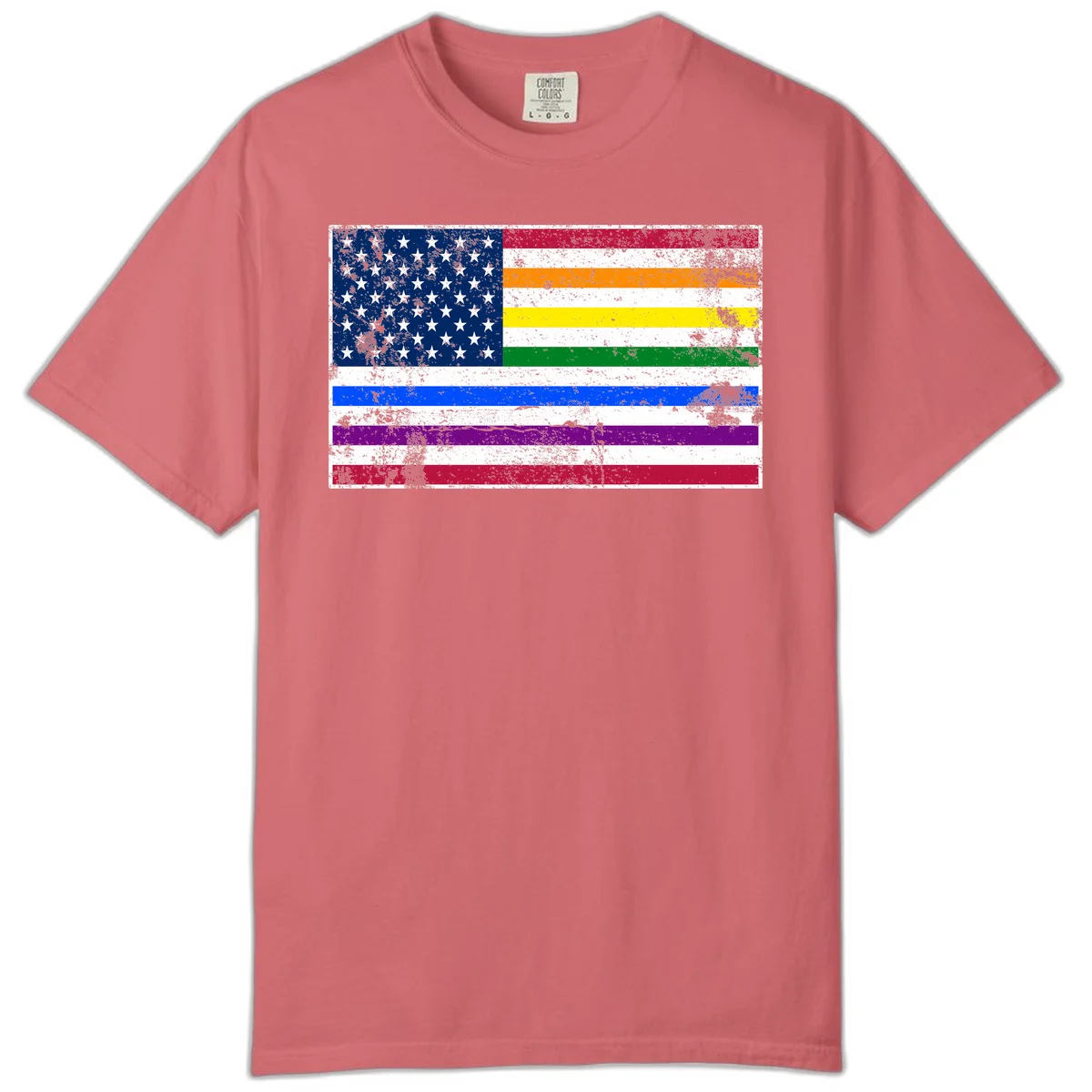 Distressed progress pride American flag design featuring traditional stars and stripes combined with rainbow pride colors representing LGBTQ+ inclusion and patriotism in Watermelon
