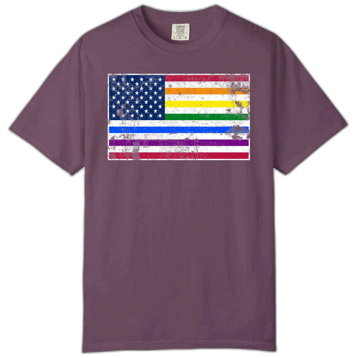 Distressed progress pride American flag design featuring traditional stars and stripes combined with rainbow pride colors representing LGBTQ+ inclusion and patriotism in Berry