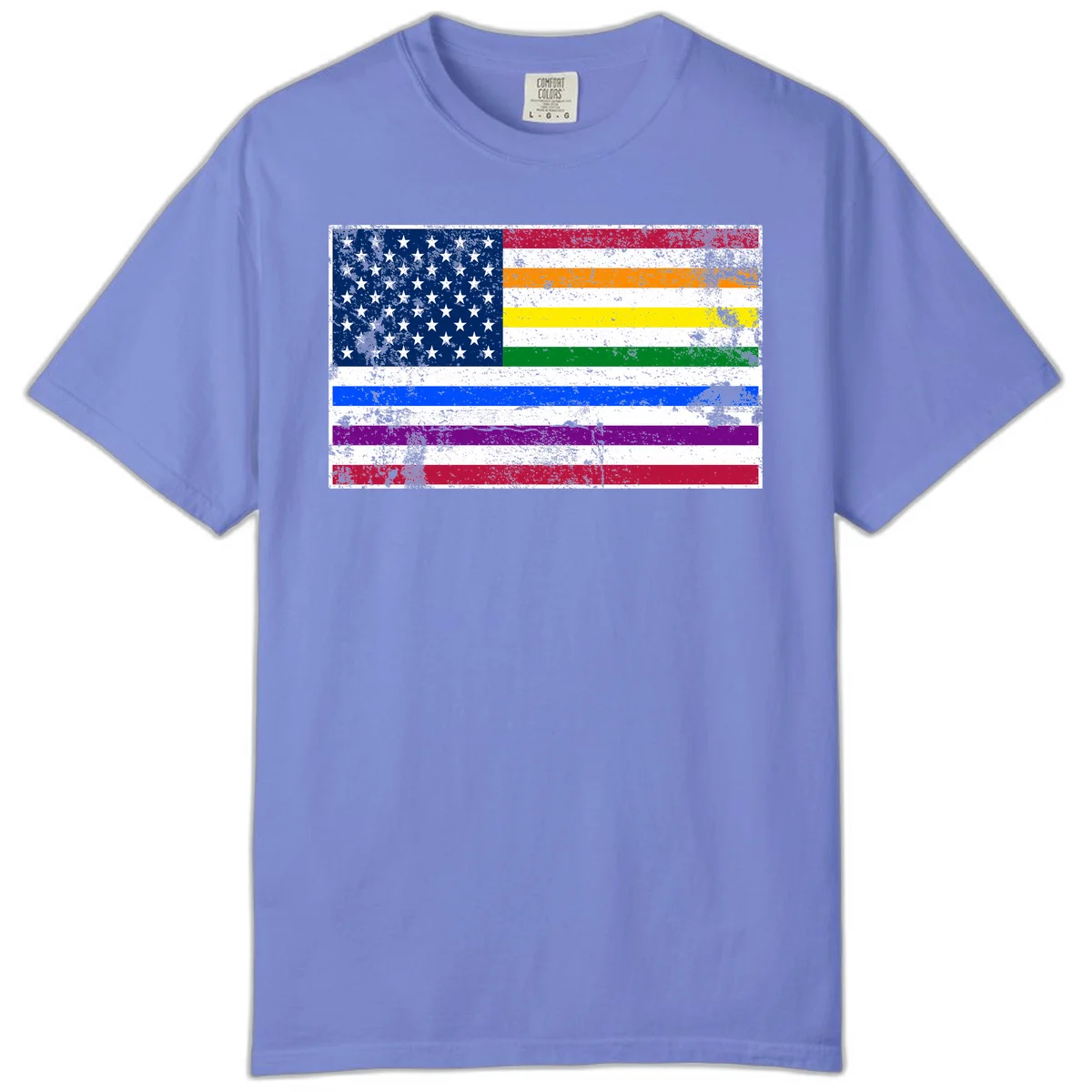 Distressed progress pride American flag design featuring traditional stars and stripes combined with rainbow pride colors representing LGBTQ+ inclusion and patriotism in Flo Blue