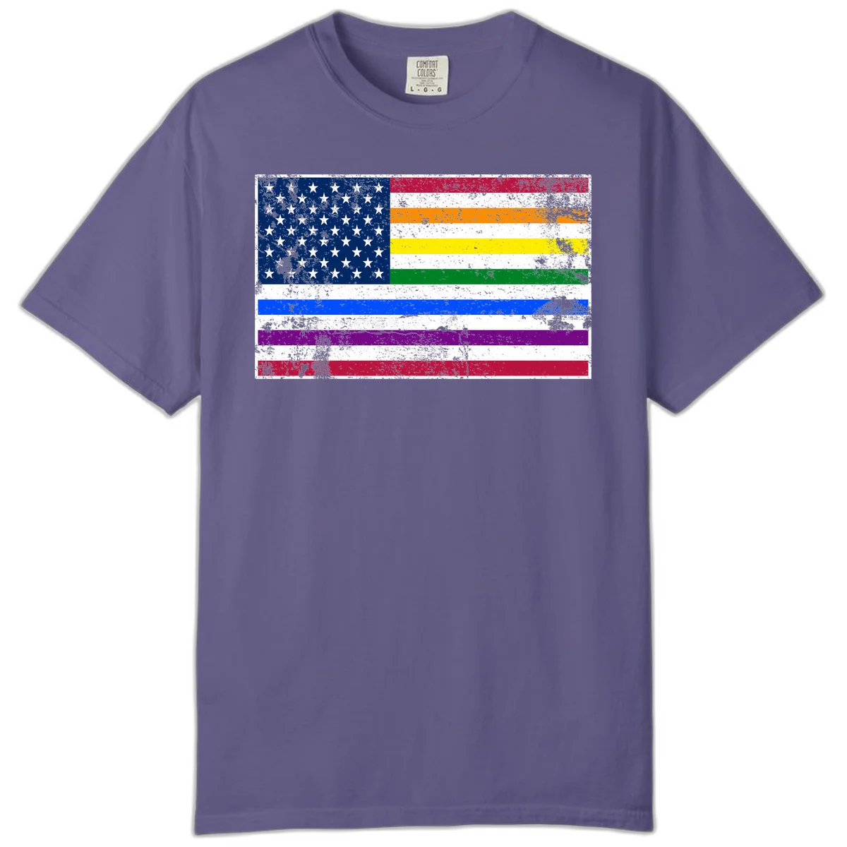 Distressed progress pride American flag design featuring traditional stars and stripes combined with rainbow pride colors representing LGBTQ+ inclusion and patriotism in Grape