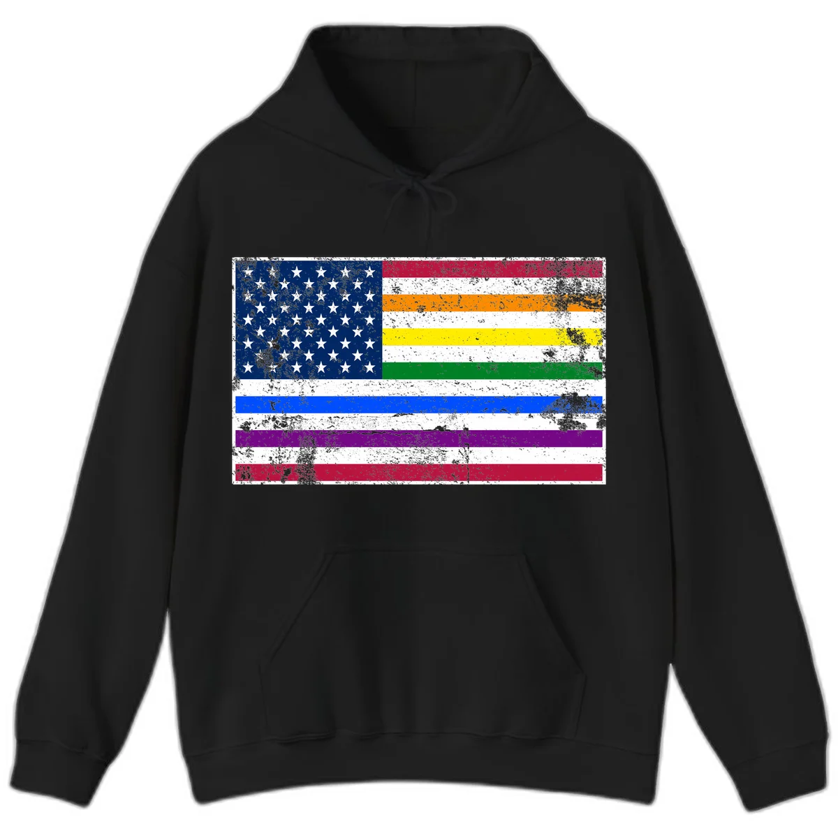 Distressed progress pride American flag design featuring traditional stars and stripes combined with rainbow pride colors representing LGBTQ+ inclusion and patriotism in Black