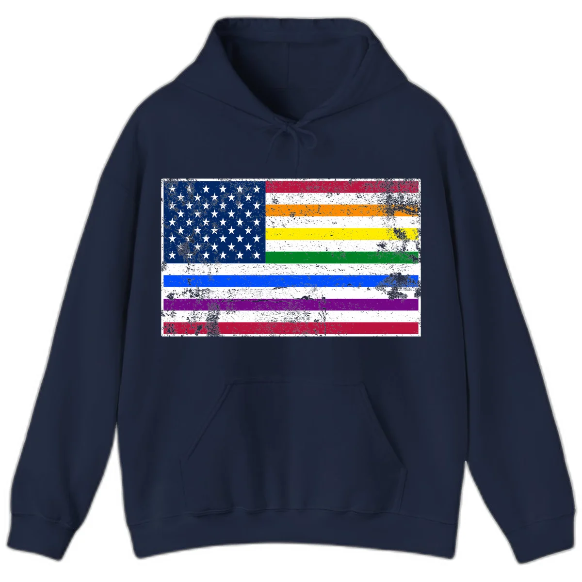 Distressed progress pride American flag design featuring traditional stars and stripes combined with rainbow pride colors representing LGBTQ+ inclusion and patriotism in Navy