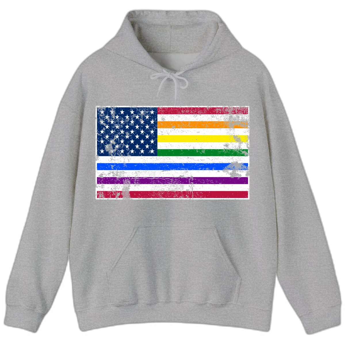 Distressed progress pride American flag design featuring traditional stars and stripes combined with rainbow pride colors representing LGBTQ+ inclusion and patriotism in Sport Grey