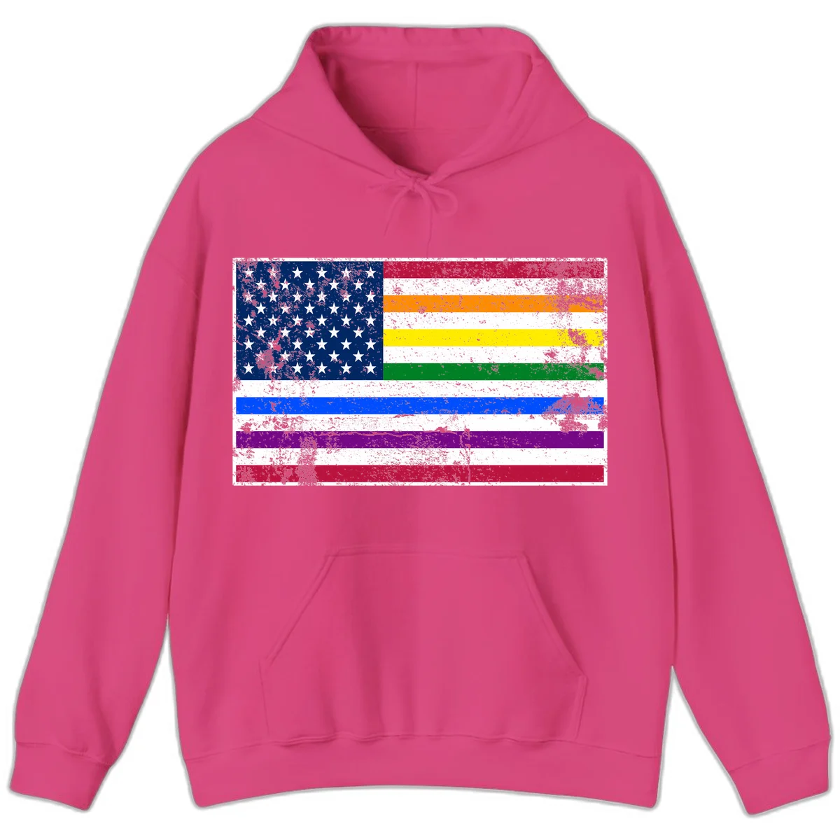 Distressed progress pride American flag design featuring traditional stars and stripes combined with rainbow pride colors representing LGBTQ+ inclusion and patriotism in Heliconia