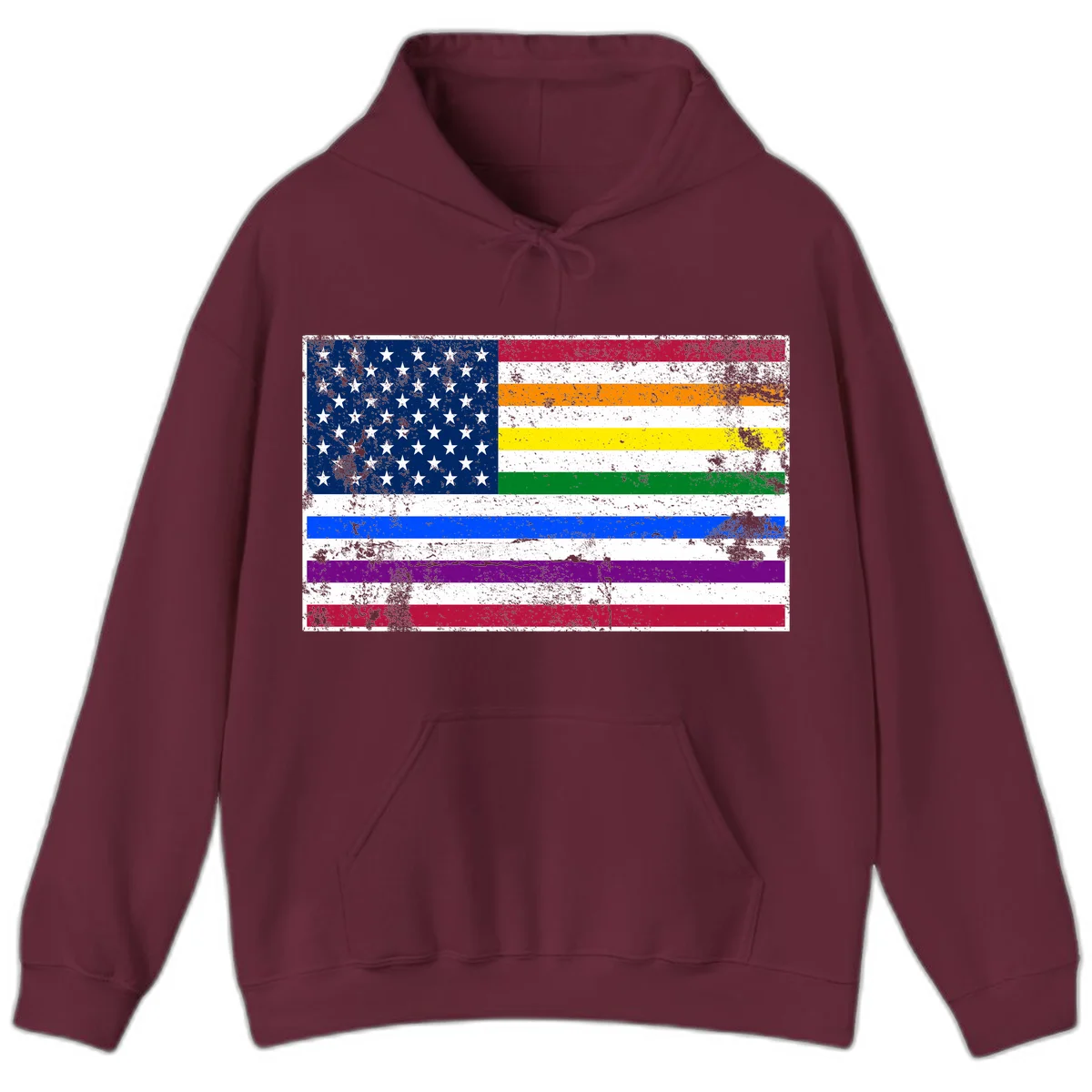 Distressed progress pride American flag design featuring traditional stars and stripes combined with rainbow pride colors representing LGBTQ+ inclusion and patriotism in Maroon