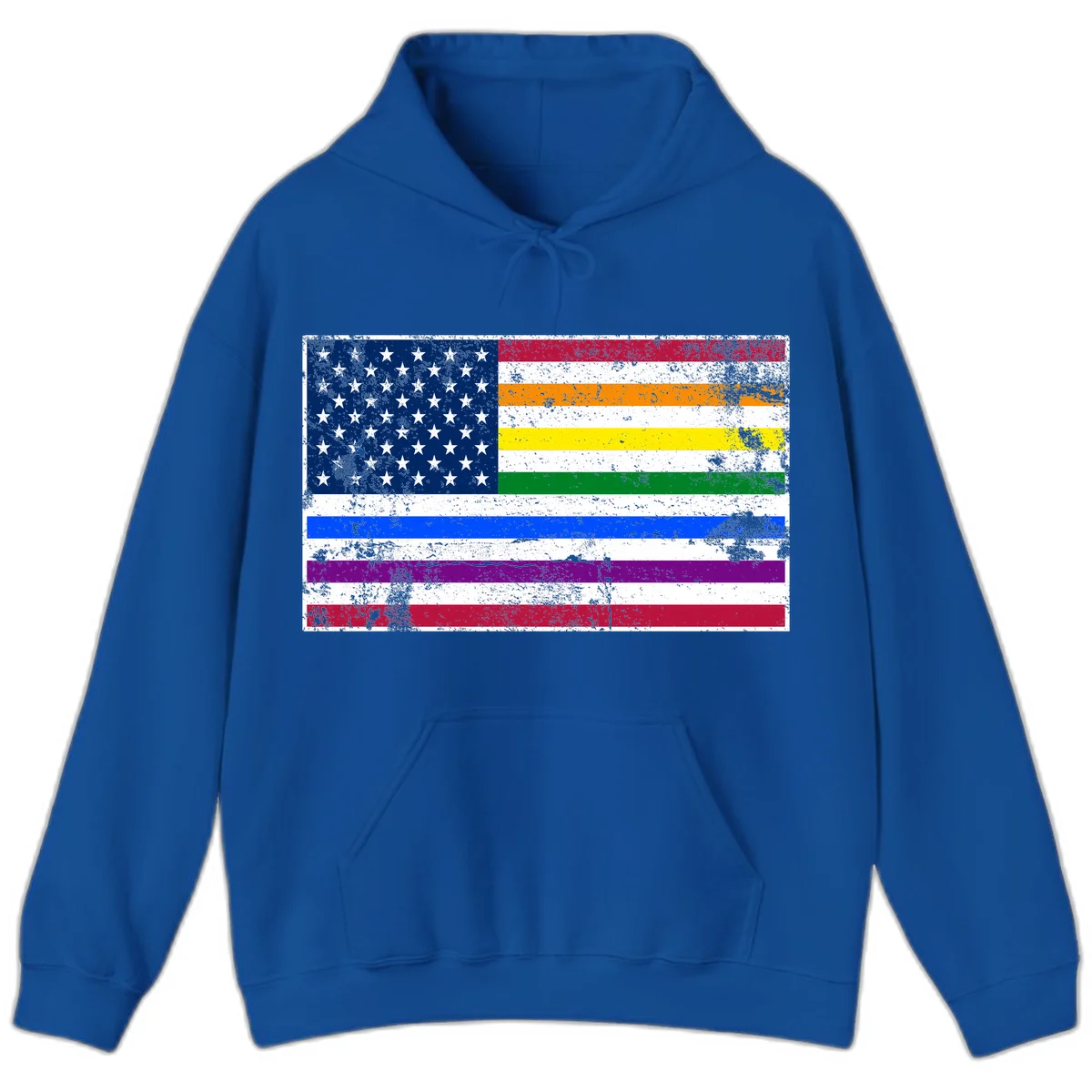 Distressed progress pride American flag design featuring traditional stars and stripes combined with rainbow pride colors representing LGBTQ+ inclusion and patriotism in Royal
