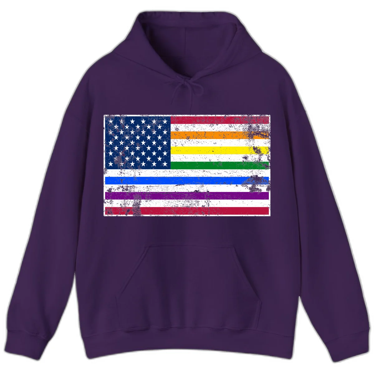 Distressed progress pride American flag design featuring traditional stars and stripes combined with rainbow pride colors representing LGBTQ+ inclusion and patriotism in Purple
