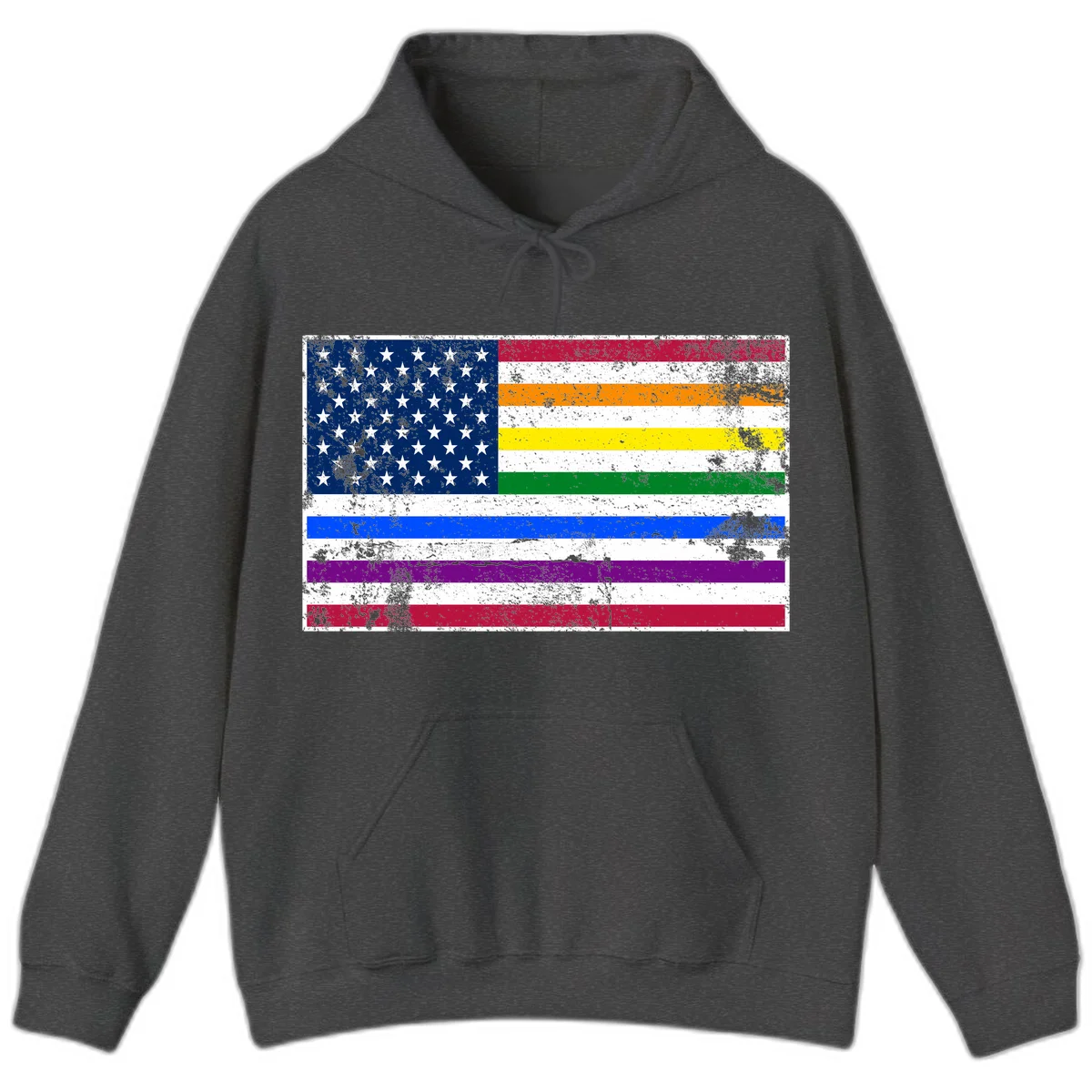 Distressed progress pride American flag design featuring traditional stars and stripes combined with rainbow pride colors representing LGBTQ+ inclusion and patriotism in Dark Heather