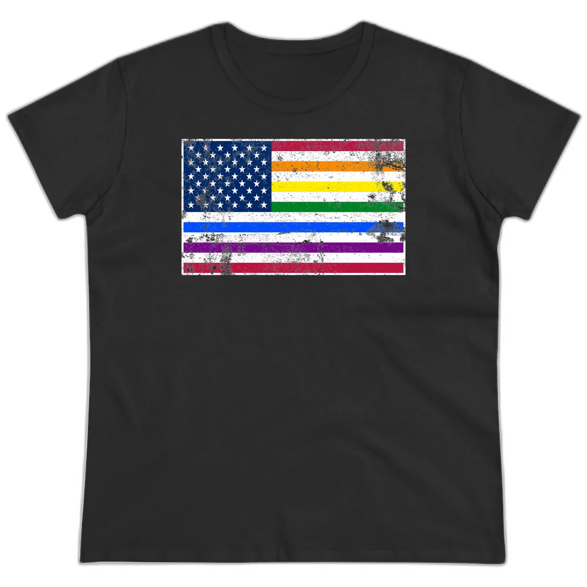 Distressed progress pride American flag design featuring traditional stars and stripes combined with rainbow pride colors representing LGBTQ+ inclusion and patriotism in Black
