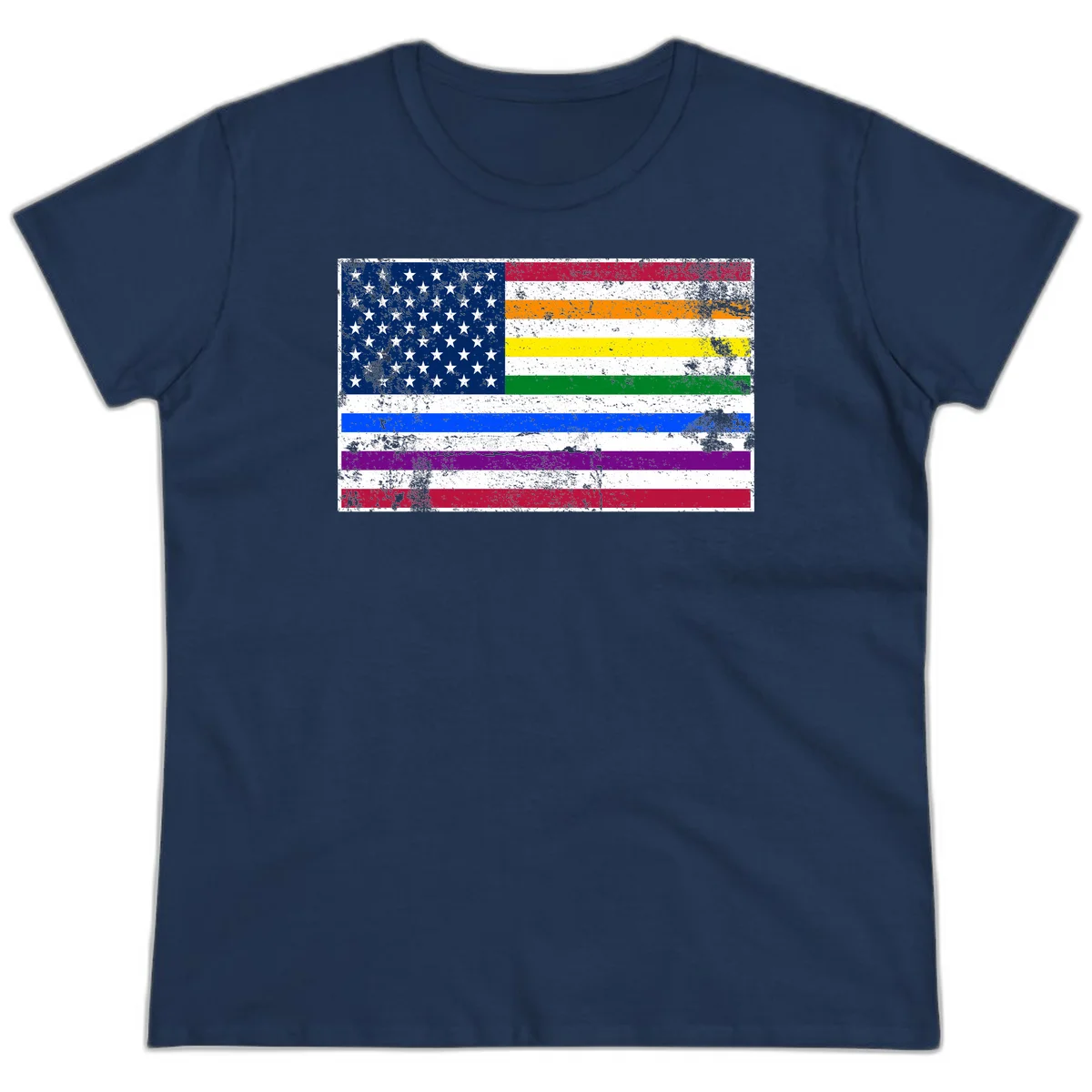 Distressed progress pride American flag design featuring traditional stars and stripes combined with rainbow pride colors representing LGBTQ+ inclusion and patriotism in Navy