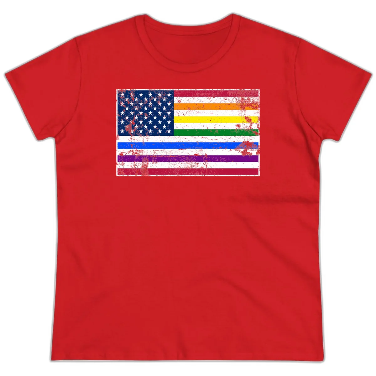 Distressed progress pride American flag design featuring traditional stars and stripes combined with rainbow pride colors representing LGBTQ+ inclusion and patriotism in Red