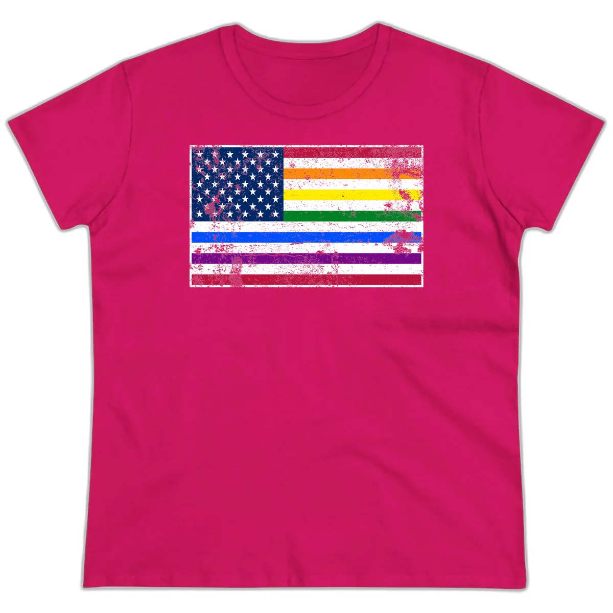 Distressed progress pride American flag design featuring traditional stars and stripes combined with rainbow pride colors representing LGBTQ+ inclusion and patriotism in Heliconia