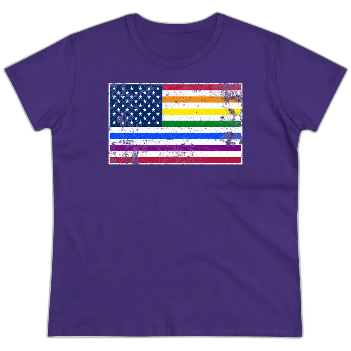 Distressed progress pride American flag design featuring traditional stars and stripes combined with rainbow pride colors representing LGBTQ+ inclusion and patriotism in Purple