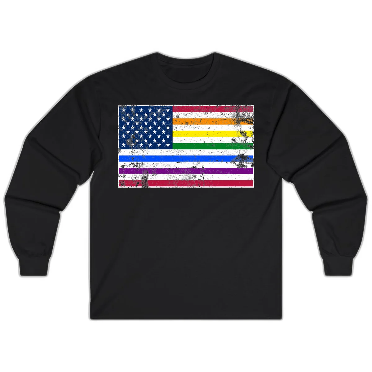 Distressed progress pride American flag design featuring traditional stars and stripes combined with rainbow pride colors representing LGBTQ+ inclusion and patriotism in Black