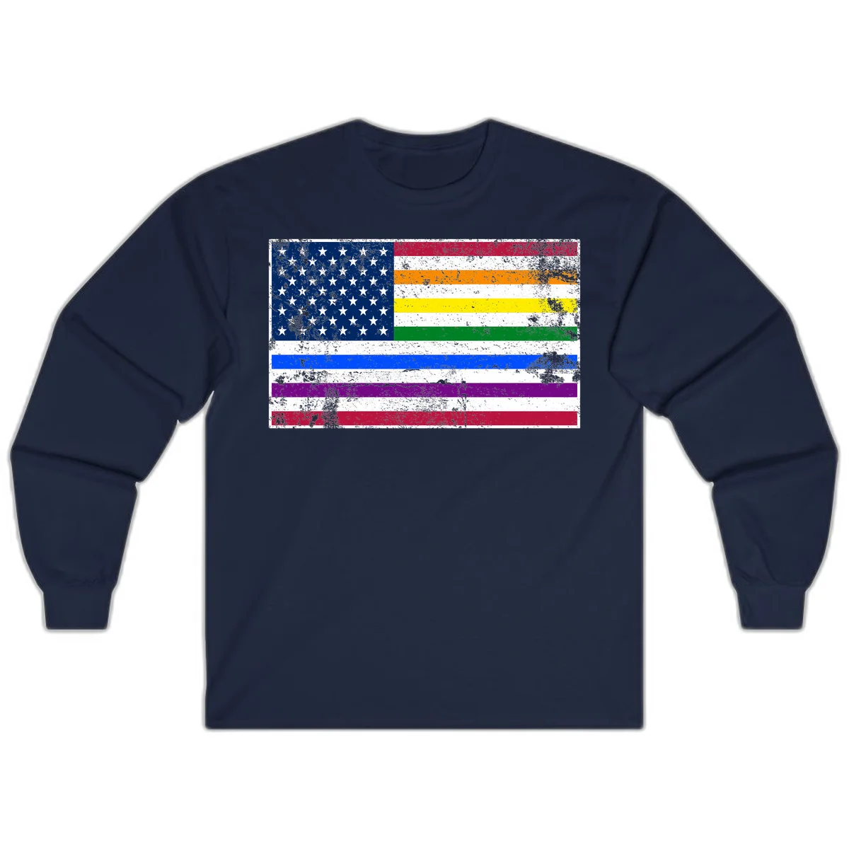 Distressed progress pride American flag design featuring traditional stars and stripes combined with rainbow pride colors representing LGBTQ+ inclusion and patriotism in Navy