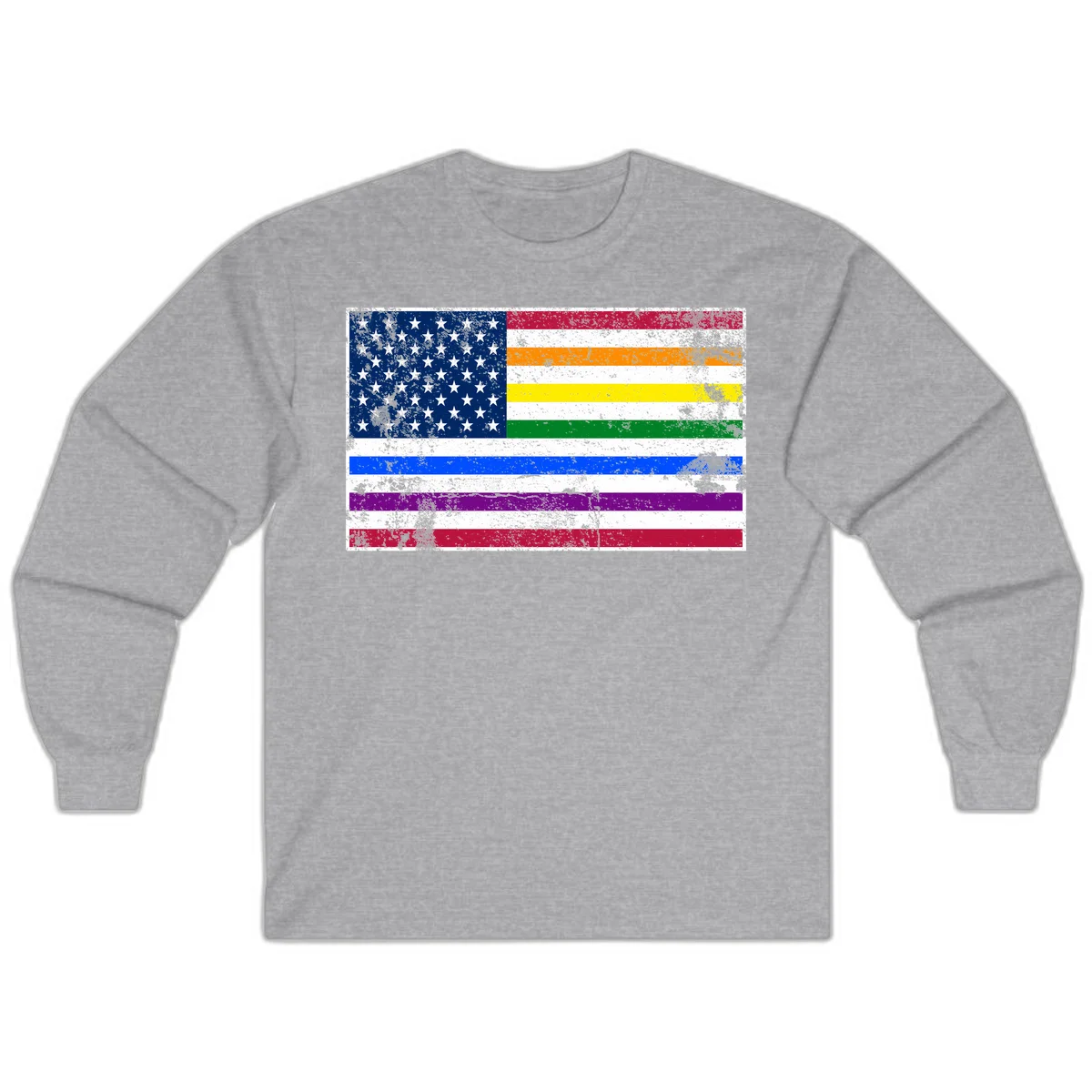 Distressed progress pride American flag design featuring traditional stars and stripes combined with rainbow pride colors representing LGBTQ+ inclusion and patriotism in Sport Grey