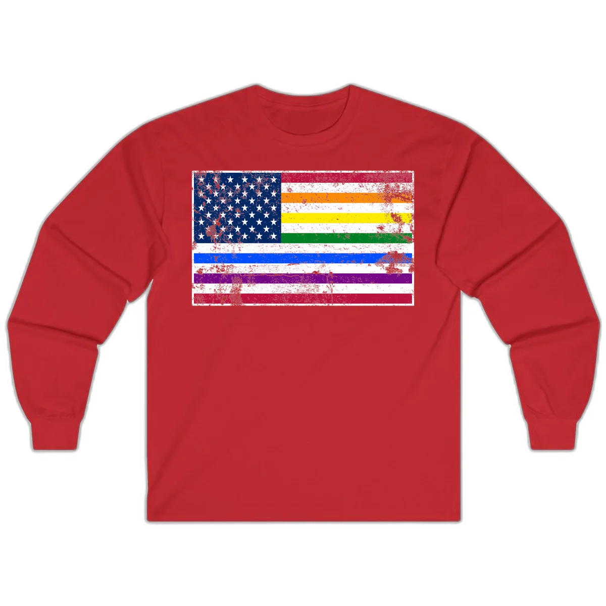 Distressed progress pride American flag design featuring traditional stars and stripes combined with rainbow pride colors representing LGBTQ+ inclusion and patriotism in Red