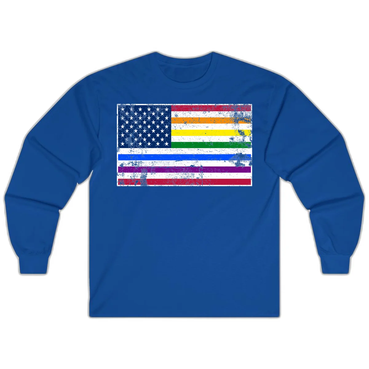Distressed progress pride American flag design featuring traditional stars and stripes combined with rainbow pride colors representing LGBTQ+ inclusion and patriotism in Royal