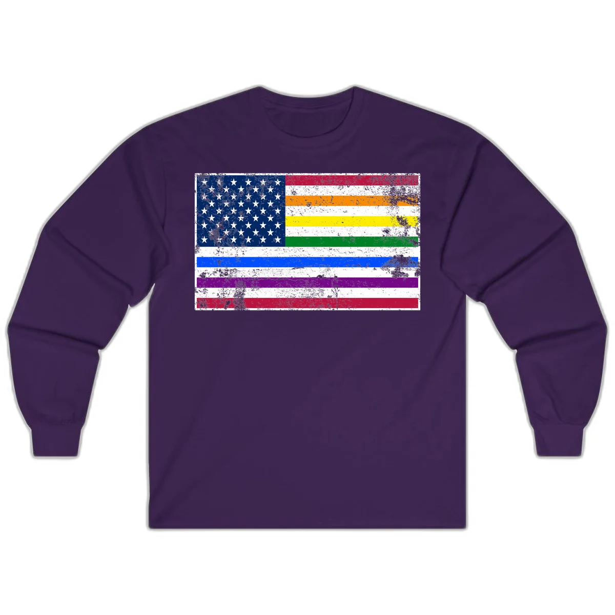 Distressed progress pride American flag design featuring traditional stars and stripes combined with rainbow pride colors representing LGBTQ+ inclusion and patriotism in Purple
