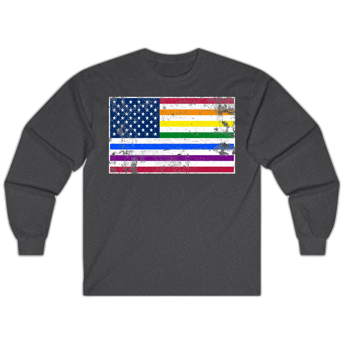 Distressed progress pride American flag design featuring traditional stars and stripes combined with rainbow pride colors representing LGBTQ+ inclusion and patriotism in Dark Heather