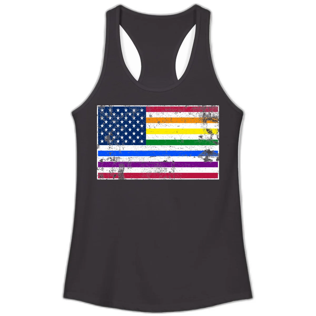 Distressed progress pride American flag design featuring traditional stars and stripes combined with rainbow pride colors representing LGBTQ+ inclusion and patriotism in Black