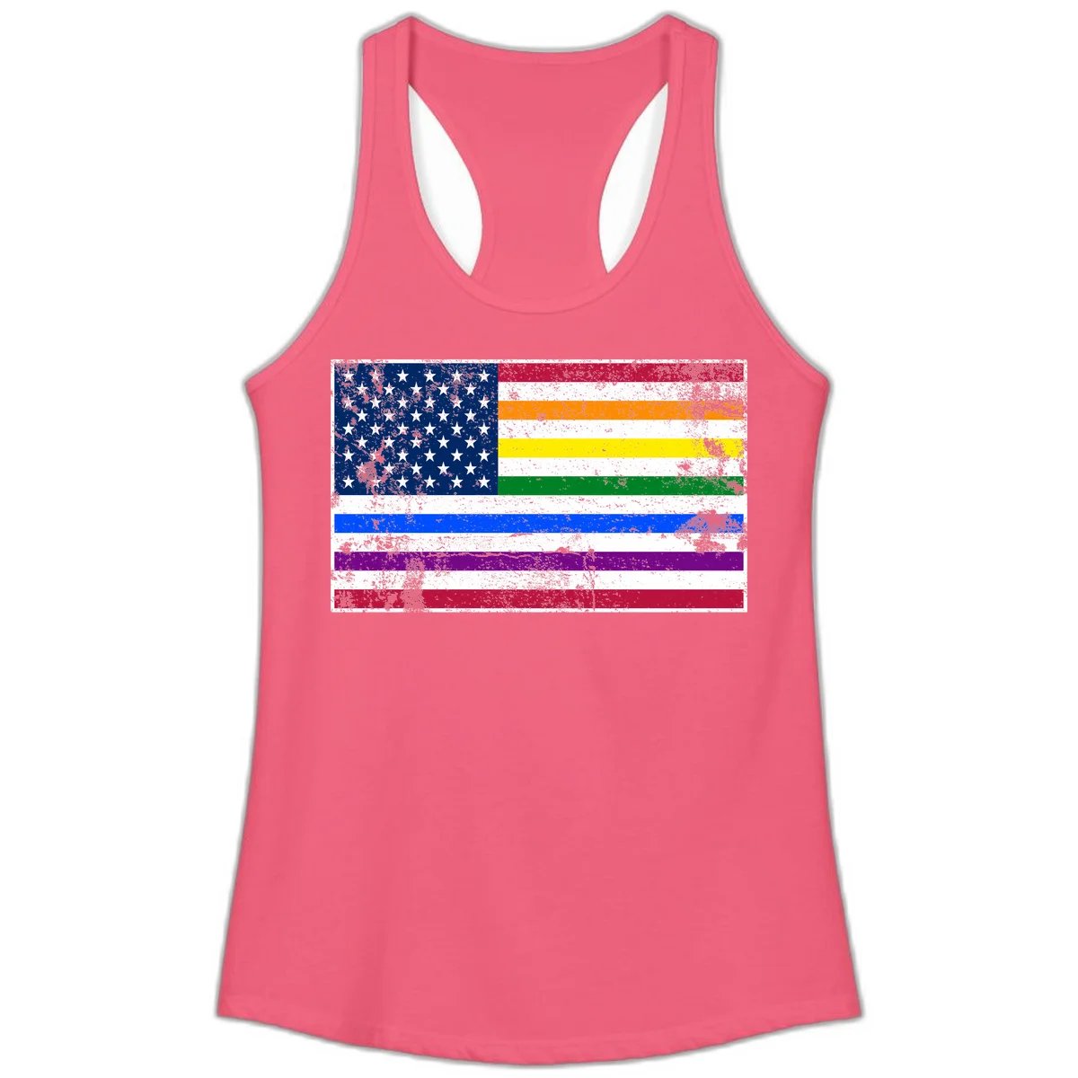 Distressed progress pride American flag design featuring traditional stars and stripes combined with rainbow pride colors representing LGBTQ+ inclusion and patriotism in Hot Pink