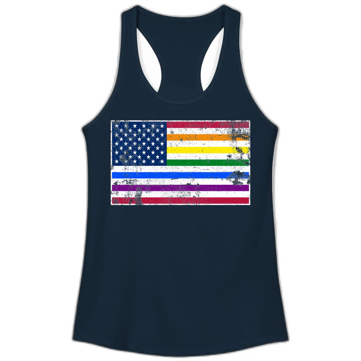 Distressed progress pride American flag design featuring traditional stars and stripes combined with rainbow pride colors representing LGBTQ+ inclusion and patriotism in Solid Midnight Navy