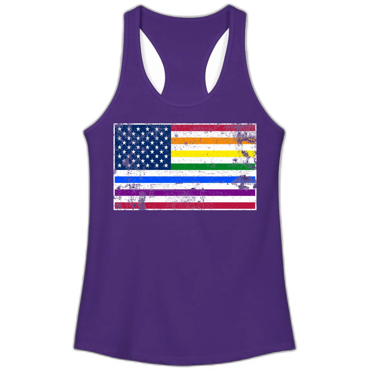 Distressed progress pride American flag design featuring traditional stars and stripes combined with rainbow pride colors representing LGBTQ+ inclusion and patriotism in Solid Purple Rush
