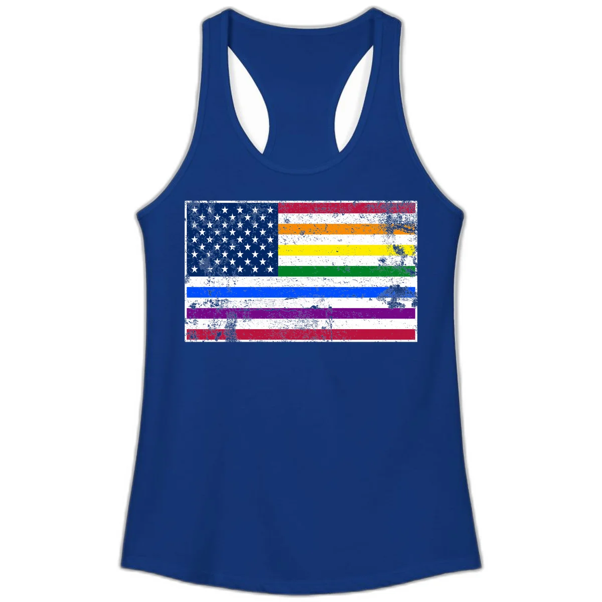 Distressed progress pride American flag design featuring traditional stars and stripes combined with rainbow pride colors representing LGBTQ+ inclusion and patriotism in Solid Royal