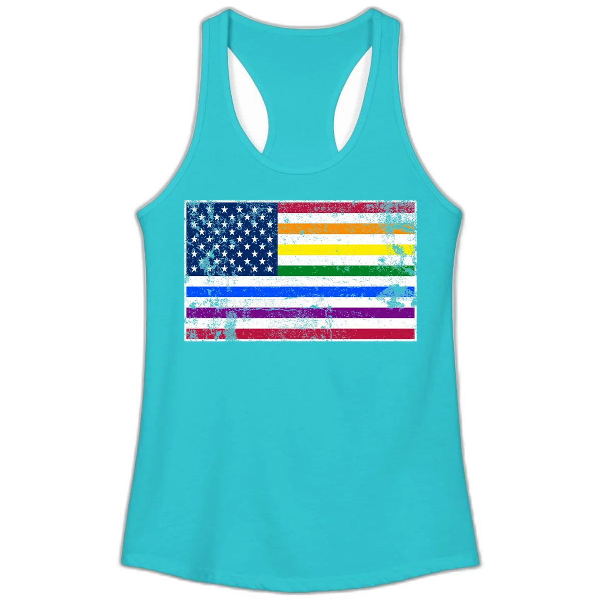 Distressed progress pride American flag design featuring traditional stars and stripes combined with rainbow pride colors representing LGBTQ+ inclusion and patriotism in Solid Tahiti Blue