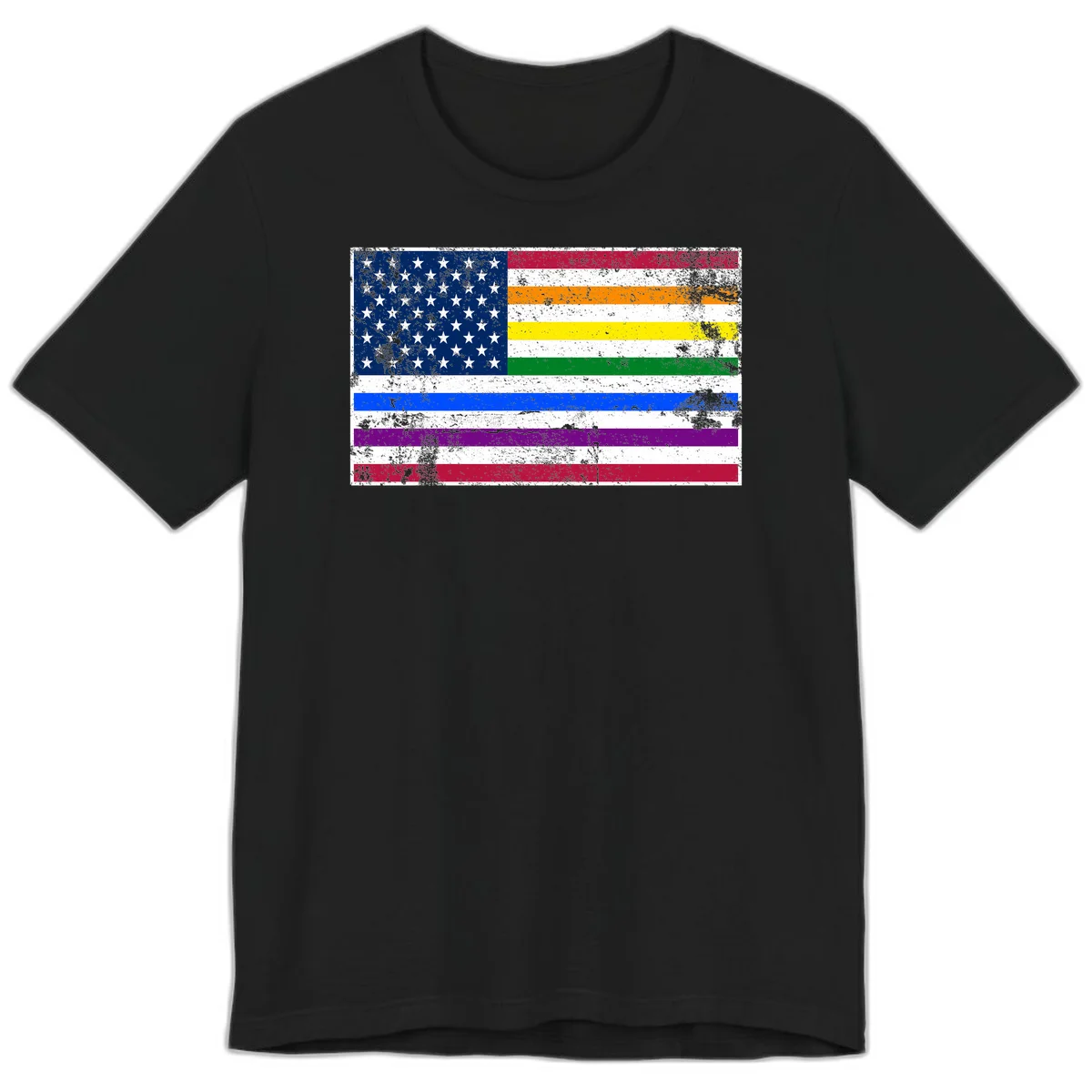 Distressed progress pride American flag design featuring traditional stars and stripes combined with rainbow pride colors representing LGBTQ+ inclusion and patriotism in Black