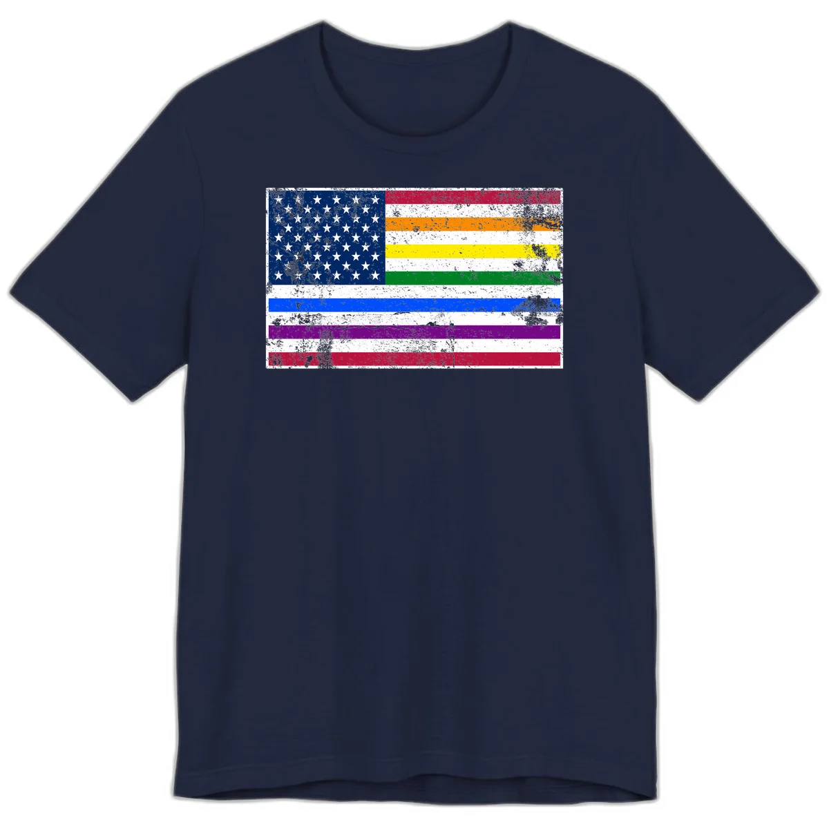 Distressed progress pride American flag design featuring traditional stars and stripes combined with rainbow pride colors representing LGBTQ+ inclusion and patriotism in Navy