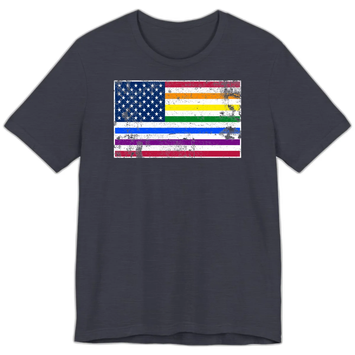 Distressed progress pride American flag design featuring traditional stars and stripes combined with rainbow pride colors representing LGBTQ+ inclusion and patriotism in Heather Midnight Navy