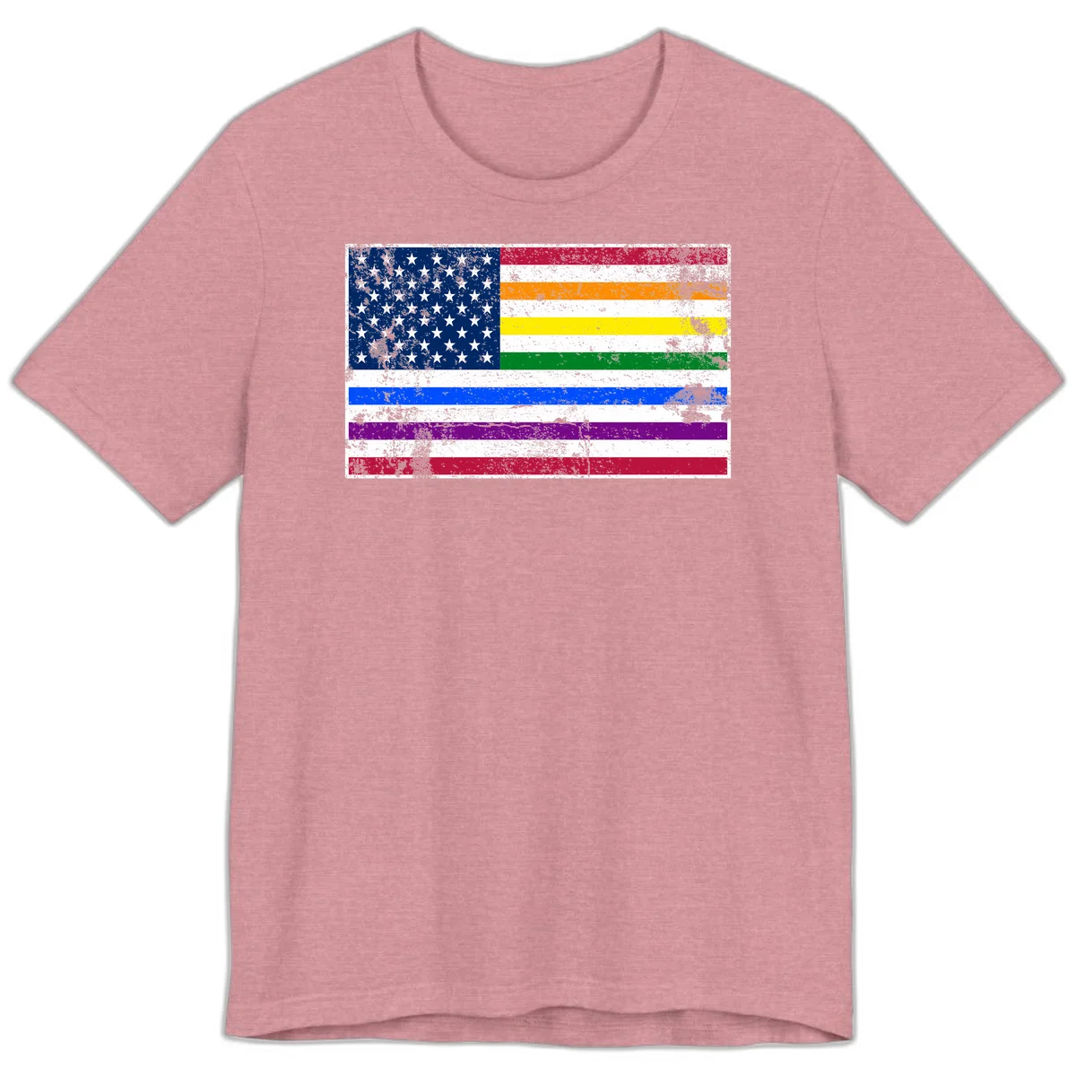 Distressed progress pride American flag design featuring traditional stars and stripes combined with rainbow pride colors representing LGBTQ+ inclusion and patriotism in Heather Orchid