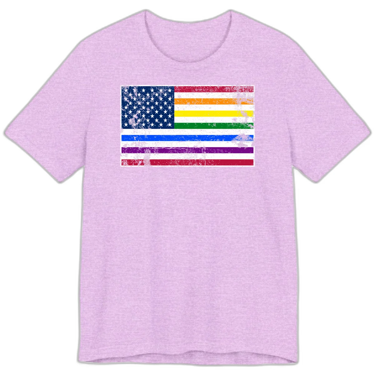 Distressed progress pride American flag design featuring traditional stars and stripes combined with rainbow pride colors representing LGBTQ+ inclusion and patriotism in Heather Prism Lilac